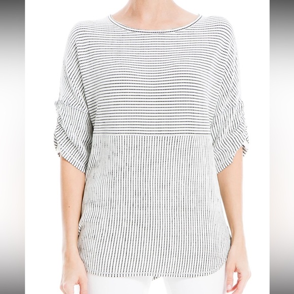Max Studio Women's Ruched Sleeve Knit Top Black Ivory Striped Size S - Picture 1 of 10